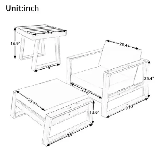 Outdoor Chaise Lounge Chair Set of 3, Acacia Wood Conversation Set with Coffee Table, Pool Sunbathing Recliner with Ottoman for Porch Backyard image {2}