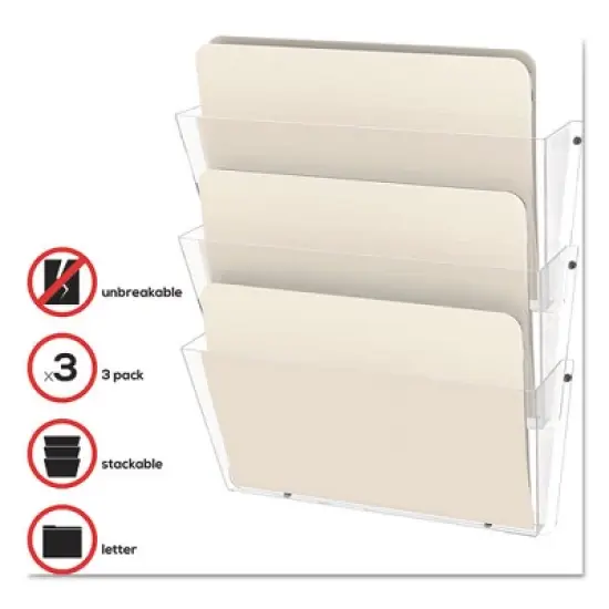 deflecto Unbreakable DocuPocket Wall File, 3 Sections, Letter Size, 14.5" x 3" x 6.5", Clear, 3/Pack image {3}