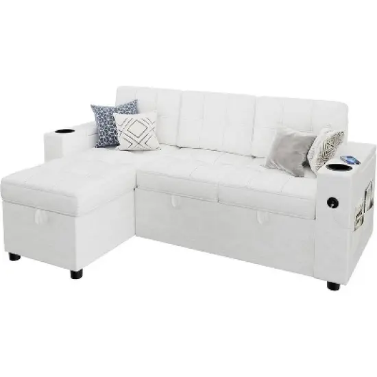 84" L-Shaped Sleeper Sofa Bed with Pull-Out Mattress, Storage Armrests, Cup Holders & USB Ports, Sectional Couch for Living Room image {2}