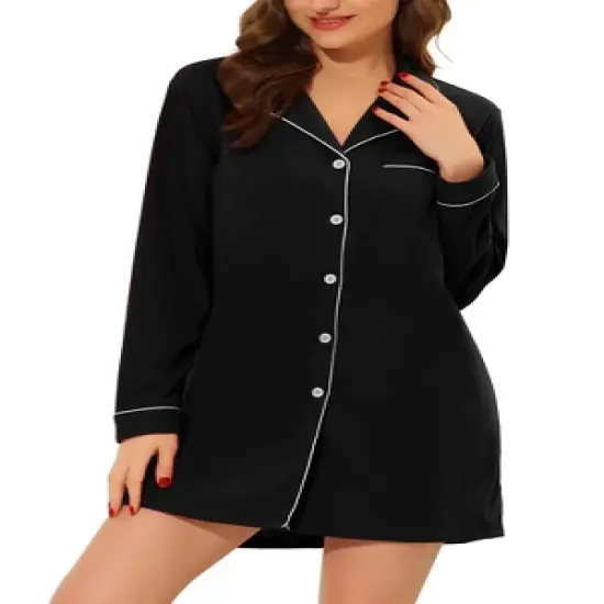 cheibear Women's Long Sleeve Button Down Lounge Dress Nightshirt Sleepwear image {1}