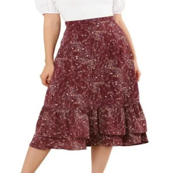Allegra K Women's Chiffon Elastic Waist Ruffle Tiered Flowy Midi Printed Skirts image {17}
