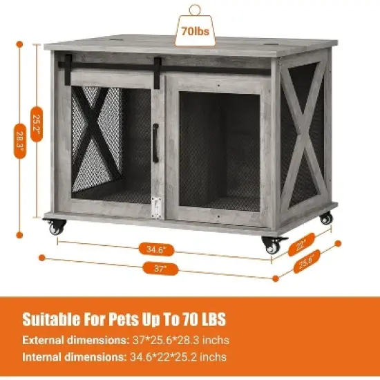 37 Inch Dog Crate Furniture, Indoor Dog Cage with Sliding Barn Door, Flip Top Dog Kennel End Table with Removable Divider image {5}