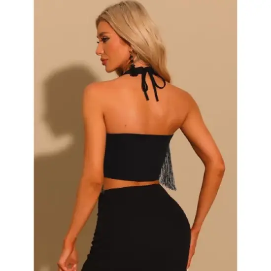 Allegra K Women's Fringe Trim Glitter Sleeveless Tie Halter Neck Sparkly Corset Top image {2}