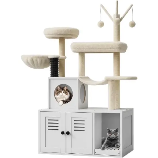 Modern 2-in-1 Cat Tree & Hidden Litter Box Enclosure &ndash; Wooden Tower with Condo, Hammock, Scratching Post, Plush Perch & Removable Pompoms image {9}
