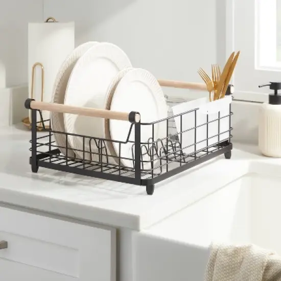 Metal Dish Rack with Powder Coated Finish and Rubber Wood Handles Black - Brightroom&trade;: Freestanding Dish Drying Rack image {1}