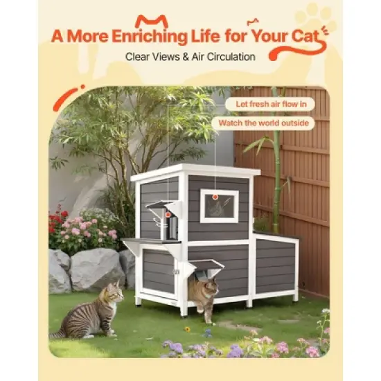 VEVOR Outdoor Cat House, 2-Story Wooden Cat Shelter for 3 Outside Cats in Winter, Elevated Feral Kitty Shelter with Stairs, White&Grey image {3}