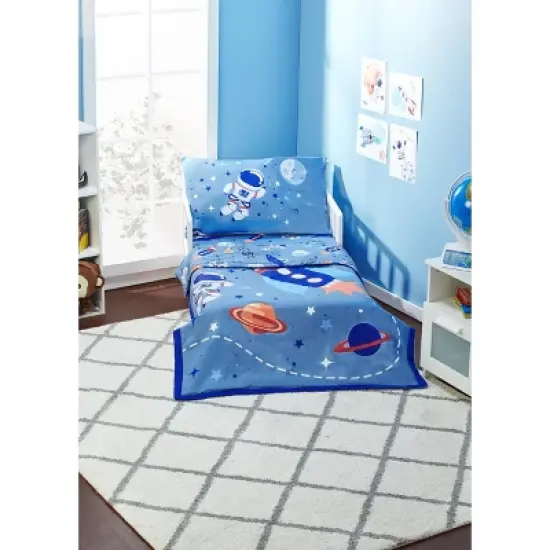 EVERYDAY KIDS 4 Piece Toddler Bedding Set - Outer Space Adventures - Includes Comforter, Flat Sheet, Fitted Sheet and Reversible Pillowcase image {3}