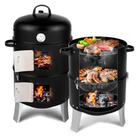 KTMBDW Vertical Steel Charcoal Smoker, Heavy Duty Double Layer Round BBQ Grill for Outdoor Cooking, Black image {11}