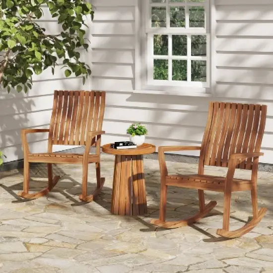 Christopher Knight Home Raeburn Outdoor Rustic Acacia Wood Slatted Design Accent Rocking Chair (Set of 2) image {9}