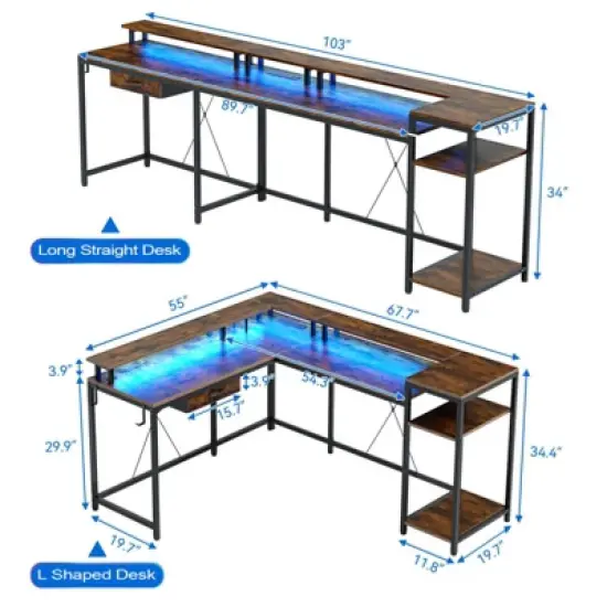 L Shaped Gaming Desk,68" Computer Desk with Power Outlets & LED Lights, Corner Desk with Monitor Shelf and Hook, Two Person Desk image {2}