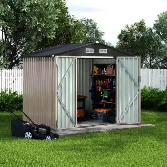6x8 FT Heavy Duty Metal Storage Shed - Outdoor Galvanized Steel Garden Shed, Lockable Door & Air Vents (Black TOP & Brown Side) image {7}