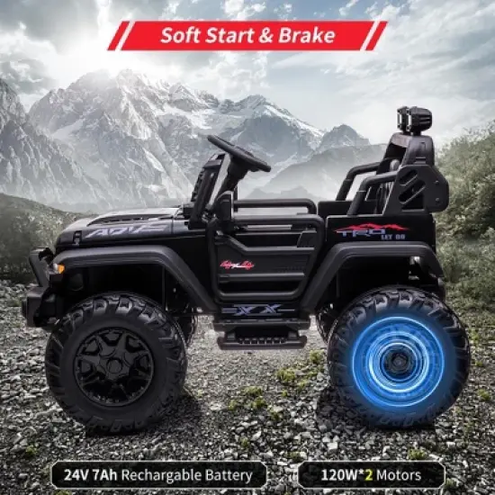 2 Seaters Kids Ride On Truck, 24V 9Ah Electric Riding Car with Remote Control, Led Light, Storage Space, Bottle Holder, Music, Horn, USB image {3}