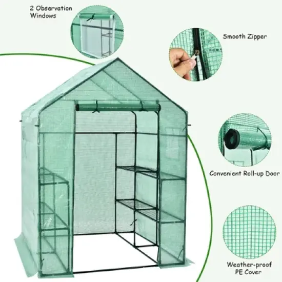 Costway Walk-in Greenhouse 56''x56''x77'' Gardening w/Observation Windows 2 Tier 8 Shelves image {6}