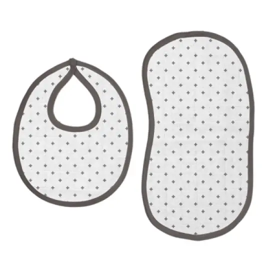 Bacati - Mustache/Plus Muslin 4 pc set of Bibs & Burp Cloths Set, Gray image {2}