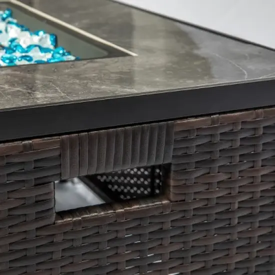 32" Propane Gas Fire Pit Table, 50000 BTU Rectangular Fire Pit, Tile Tabletop with Beautiful Wicker Base for Outside Patio Deck Garden Courtyard-Brown image {10}