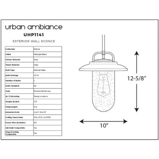 Urban Ambiance Luxury Modern Farmhouse Farmhouse Outdoor Pendant Light,  12-5/8" x 10",  Black Finish, UHP1141 image {5}