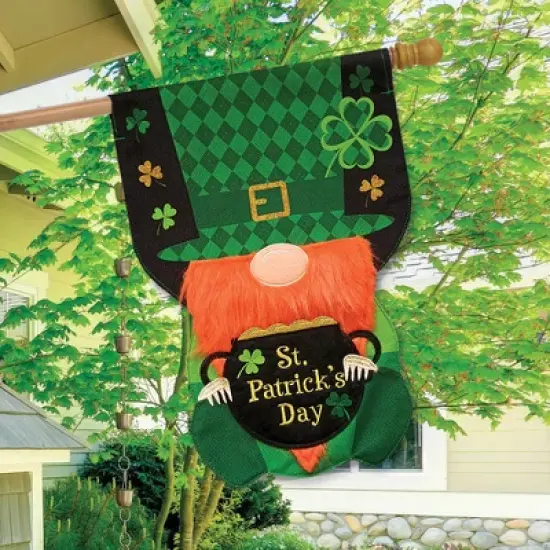 Lucky Gnome Burlap Sculpted House Flag St. Patrick's Day 28" x 40" Briarwood Lane image {2}