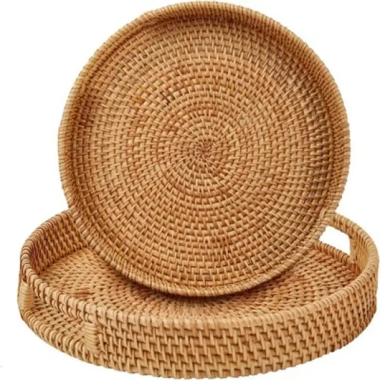 BRINJOY 2-Piece Round Woven Tray Set - Handmade Rattan Serving Trays with Handles (14.17" + 11.9") image {5}