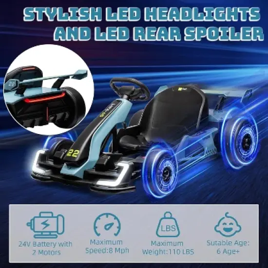 24V Electric Go Kart for Kids, with 2 * 150W Motors, Adjustable Seat, 8mph Speed, Led Lights, for Children Ages 6-15 image {1}