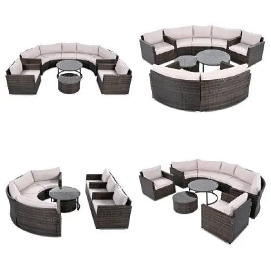 Outdoor 9-Pieces Seating Set, Patio Round Sofa Set with Glass Tabletop, Wicker Sofa with Steel Frame and Removable Cushions&ndash;Cuddlewood image {4}
