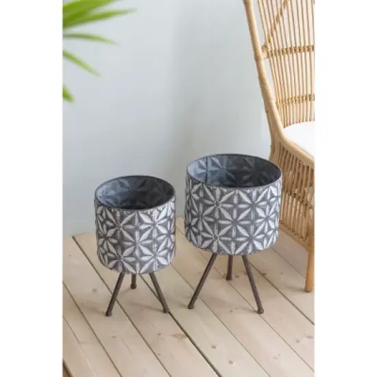 YUHAO Set of 2 Round Galvanized Grey Farmhouse Planter Stand for Indoor Outdoor Home Garden Decor - L:12"x19"x19", S:10"x17"x17" image {3}