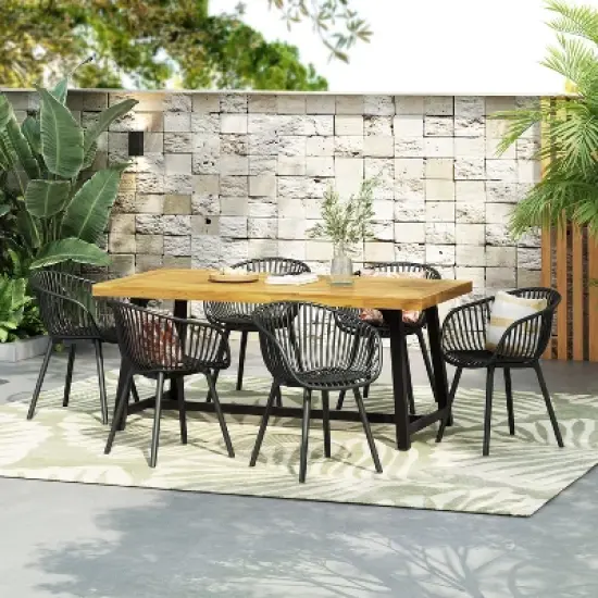 Christopher Knight Home Marley 7 Pieces Patio Modern Acacia Wood and Polypropylene Dining Set, Teak/Black image {1}