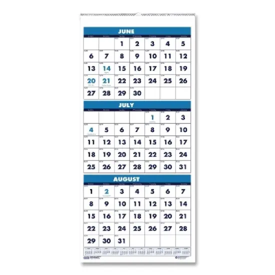Academic Year Recycled Three-Month Format Wall Calendar, Vertical: 8 x 17, White Sheets, 14-Month: June 2025 to July 2026 image {4}