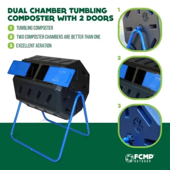 FCMP Outdoor 37 Gallon 8 Sided Plastic Dual Chamber Double Door Tumbling Composter Outdoor Elevated Rotating Garden Compost Bin, Blue/Black image {1}