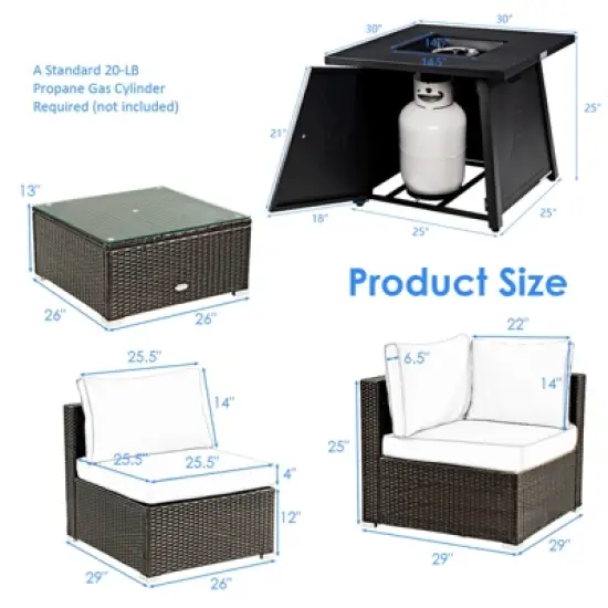 Tangkula 6-Piece Patio Furniture Set w/ 30" Propane Fire Pit Table Outdoor PE Wicker Conversation Set w/ Cushions &Tempered Glass Coffee Table image {8}