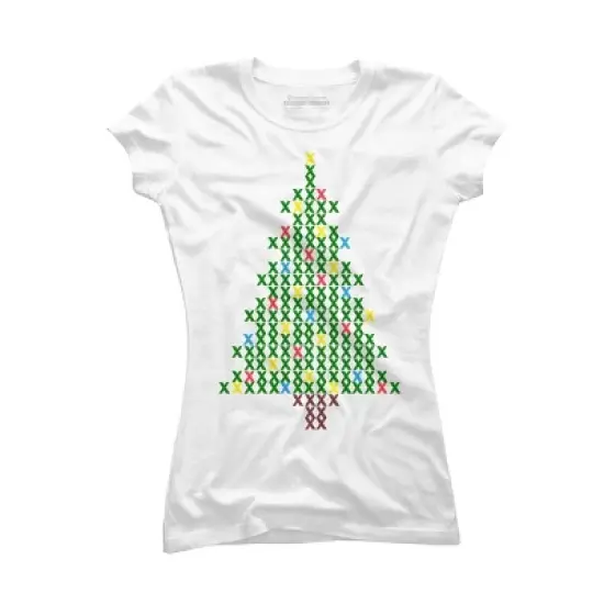 Junior's Design By Humans Christmas Tree Cross Stitch By BettySue T-Shirt image {4}