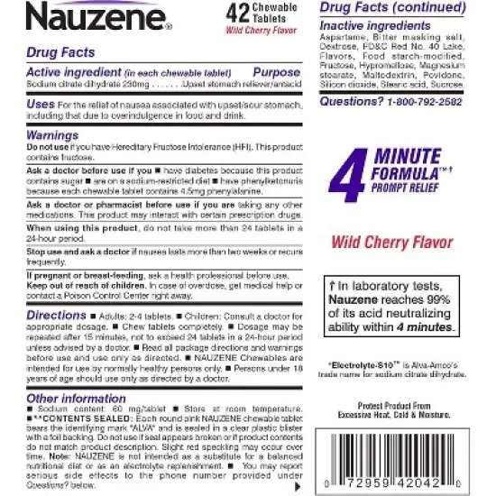 Nauzene - Upset Stomach & Nausea Chewable Tablets, Wild Cherry Flavor, 42 Count image {1}
