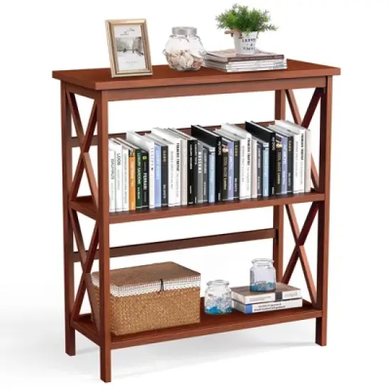Costway Wooden Shelf Bookcase 3-Tier Open Bookshelf W/X-Design Freestanding Rack BlackBrownNaturalWhite image {13}