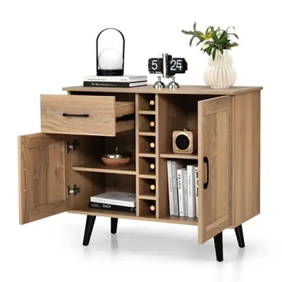 Costway 2-Door Wine Bar Cabinet Kitchen Sideboard Buffet with Drawer & Adjustable Shelves image {9}