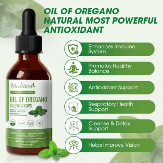 Mulittea Oregano Oil Liquld Drops &ndash; 80% Carvacrol, Black Seed & Vitamin E | Immune, Digestive & Antioxidant Support | 2 fl oz image {2}