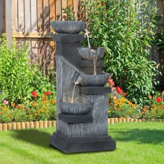 Outsunny 33.5" Outdoor Water Fountain, 4-Tier Floor Standing Resin Cascading Bowls Waterfall Fountain with LED Lights, Pump image {5}