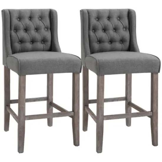 HOMCOM 26.25" Counter Height Bar Stools Set of 2, Tufted Wingback Armless Upholstered Dining Chair with Rubber Wood Legs image {6}