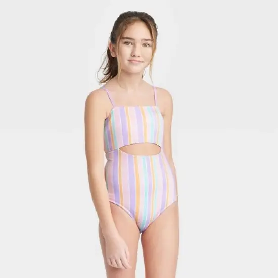 Girls' Pastel Printed Striped One Piece Swimsuit - art class&trade; image {3}