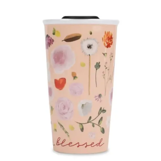 Lighthouse Christian Products Thankful and Blessed 12 ounce Ceramic Stoneware Travel Tumbler Mug, Blush Pink Floral image {1}