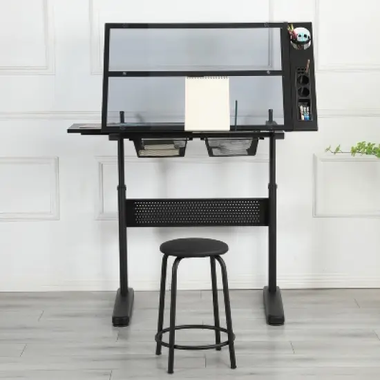 Gulches Black Hand Crank Adjustable Drafting Table with 2 Metal Drawers Stool 5mm Tempered Glass Top 75 105cm Height image {5}