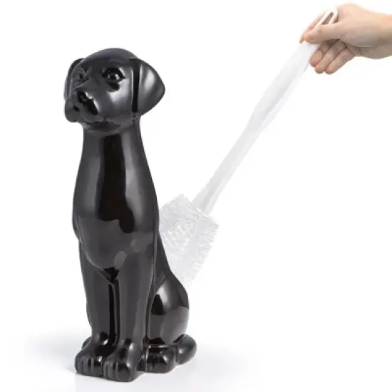 Allure Home Creations 2pc Black Labrador Ceramic Toilet Brush Holder with Plastic Brush Cleaning Accessories Set image {2}