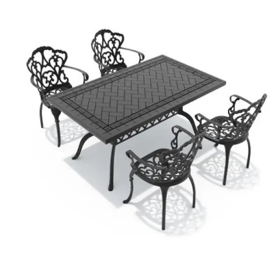 (5-PC)Premium Black Cast Aluminum Patio Set - Weather-Resistant Outdoor Table & Chairs with Beige Cushions image {2}