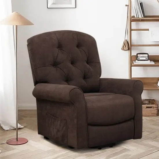 Costway Power Lift Recliner Chair Sofa for Elderly w/ Side Pocket & Remote Control Black\Brown image {8}