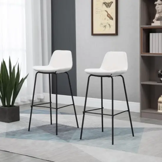 HOMCOM 29.5" Bar Stools Set of 2, Upholstered Extra Tall Barstools, Armless Bar Chairs with Back, Steel Legs, Cream White image {1}