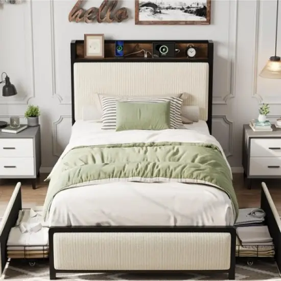 Bed Frame with 2 Storage Drawers and Charging Station, Rustic Velvet Upholstered Platform Bedframe with Storage Headboard, No Box Spring Needed image {2}