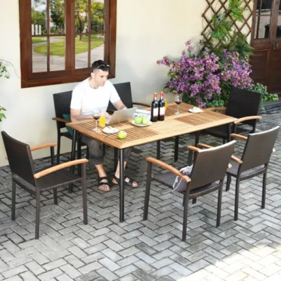 Tangkula 7 PCS Patio Rattan Dining Furniture Set Armrest Chairs Wooden Table image {2}