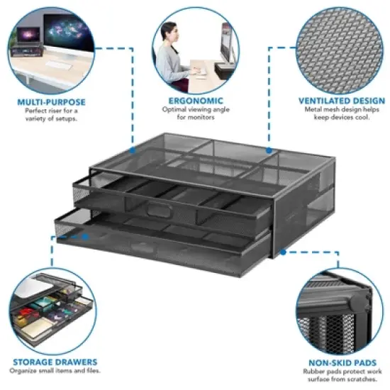 Mount-It! Computer Monitor Stand With Drawers, Metal Mesh Riser & Organizer For Laptops and Computers, Desk Organizer with Two Pullout Storage Drawers image {3}