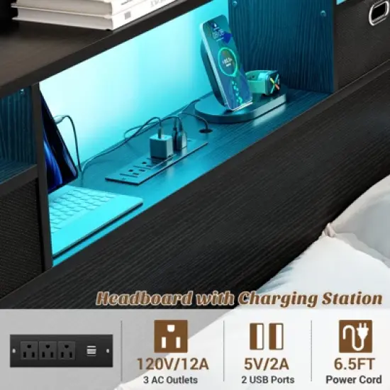 Aheaplus Storage Headboard with Power Outlet and RGB LED Lights, Head Board with Fabric Drawers image {6}