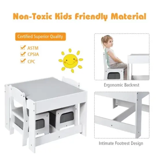 Costway Kids Table Chairs Set With Storage Boxes Blackboard Whiteboard Drawing GreyNature image {7}