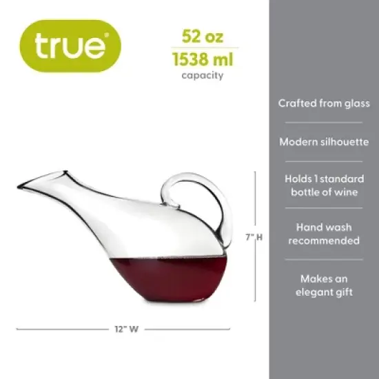 True Mallard Handled Wine Decanter, Glass Carafe, Red and White Wine, Wine Aeration, Bar Gadgets, Wine Lover Gifts, Holds 1 Standard Bottle, 53 oz image {2}