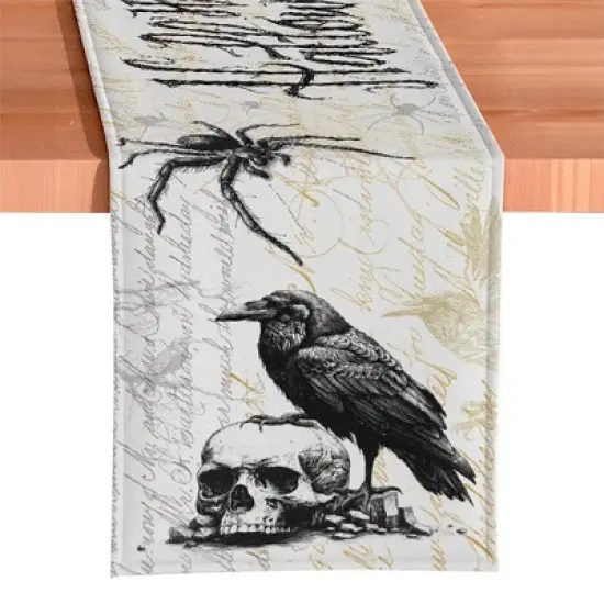 Elegant 72" Gothic Jacquard Table Runner, Halloween Tablecloth with Spider Webs and Black Ravens| OrnamentallyYou image {3}